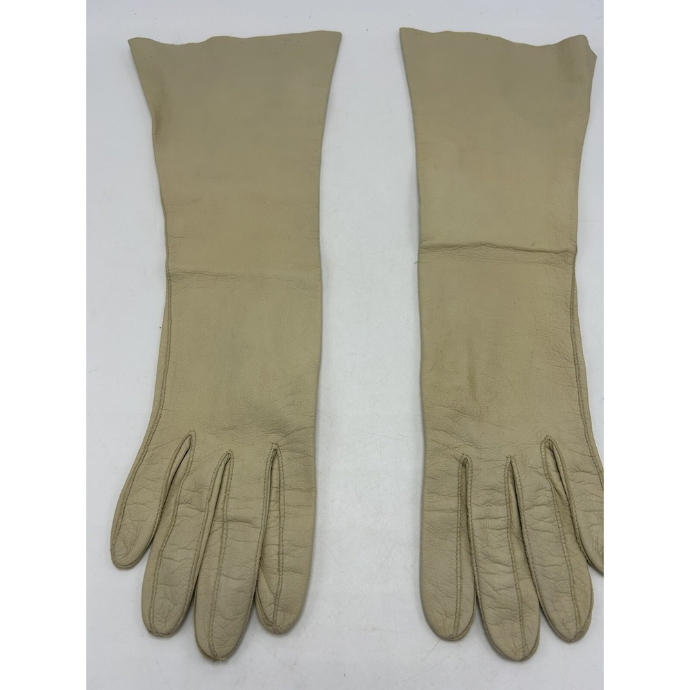 Leather Gloves Womans S Ladies Vtg Antique Ivory Unlined Driving Elbow
